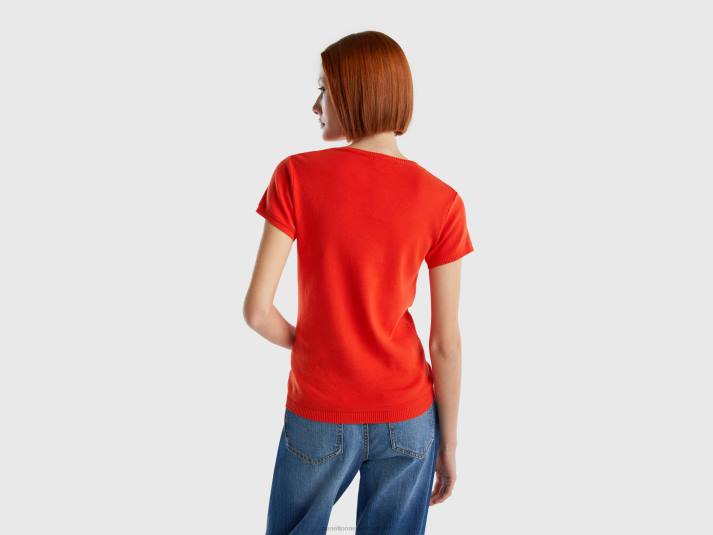 vrouwen Benetton trui met korte mouwen van 100% katoen rood 4R6266