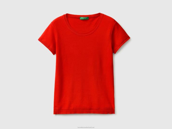 vrouwen Benetton trui met korte mouwen van 100% katoen rood 4R6266