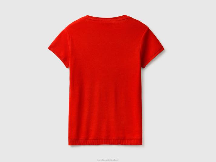 vrouwen Benetton trui met korte mouwen van 100% katoen rood 4R6266