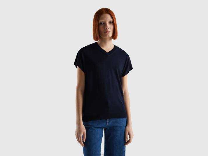 vrouwen Benetton trui met korte mouwen van een viscosemix donkerblauw 4R623529