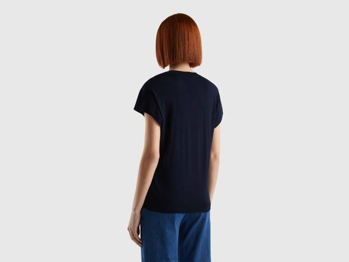 vrouwen Benetton trui met korte mouwen van een viscosemix donkerblauw 4R623529