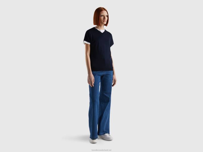 vrouwen Benetton trui met korte mouwen van een viscosemix donkerblauw 4R623529