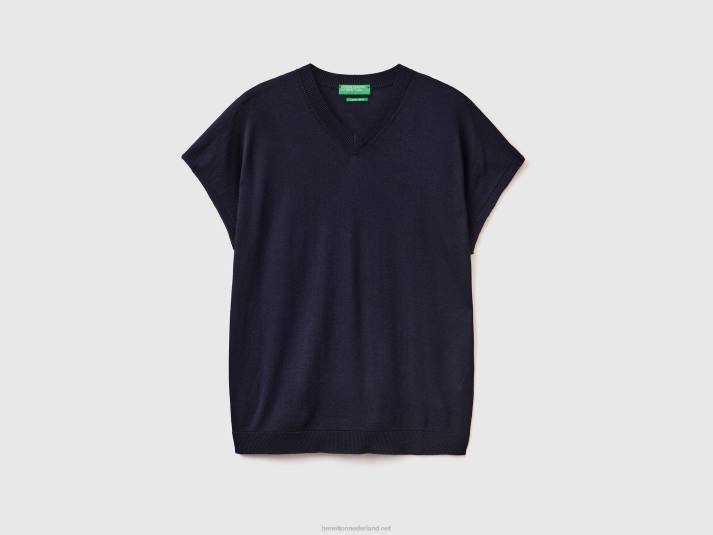 vrouwen Benetton trui met korte mouwen van een viscosemix donkerblauw 4R623529