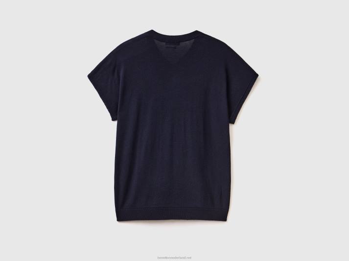 vrouwen Benetton trui met korte mouwen van een viscosemix donkerblauw 4R623529