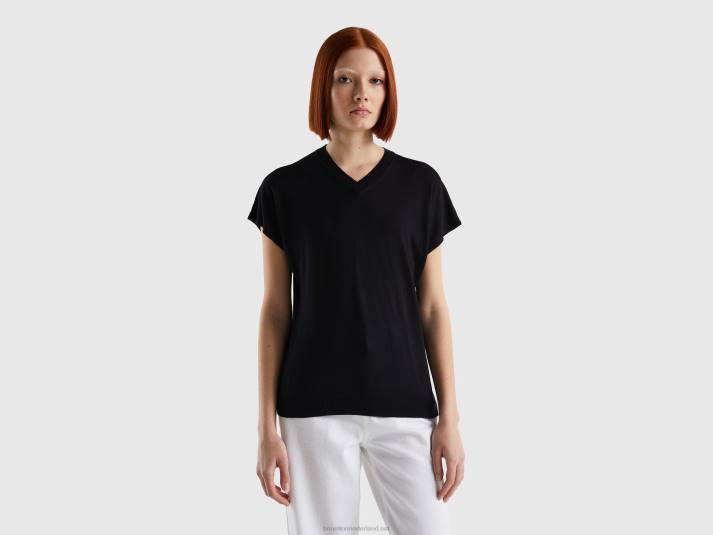 vrouwen Benetton trui met korte mouwen van een viscosemix zwart 4R623484