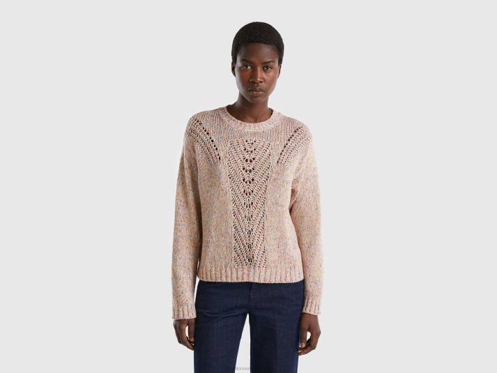 vrouwen Benetton trui met opengewerkt motief beige 4R6248