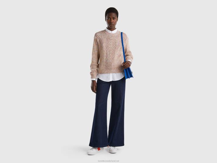 vrouwen Benetton trui met opengewerkt motief beige 4R6248