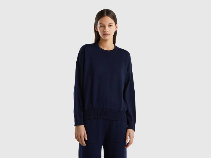 vrouwen Benetton trui met ronde hals van tricotkatoen donkerblauw 4R623616