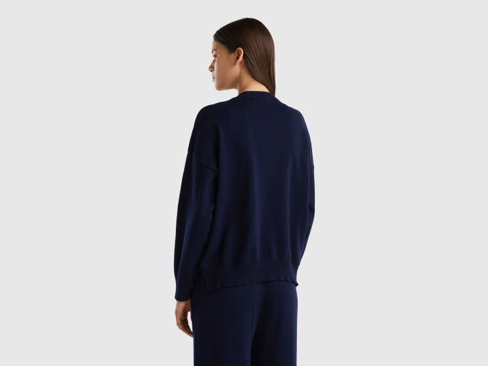 vrouwen Benetton trui met ronde hals van tricotkatoen donkerblauw 4R623616