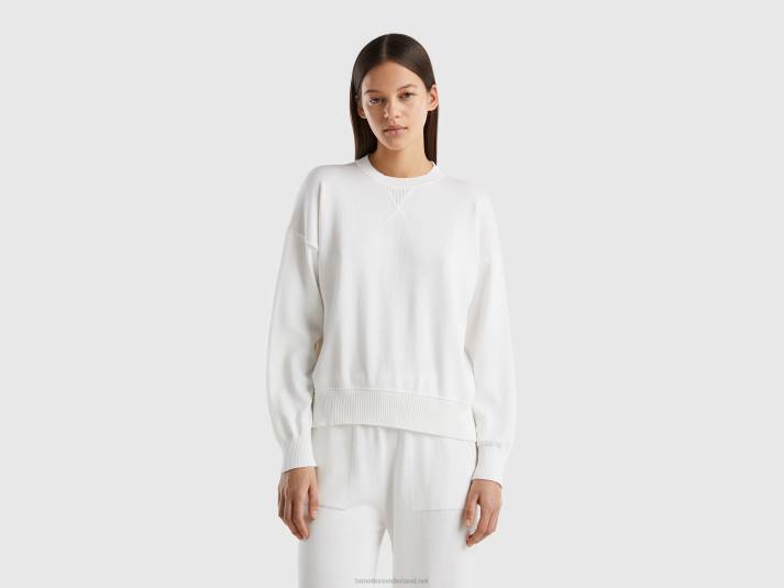vrouwen Benetton trui met ronde hals van tricotkatoen romig wit 4R6226