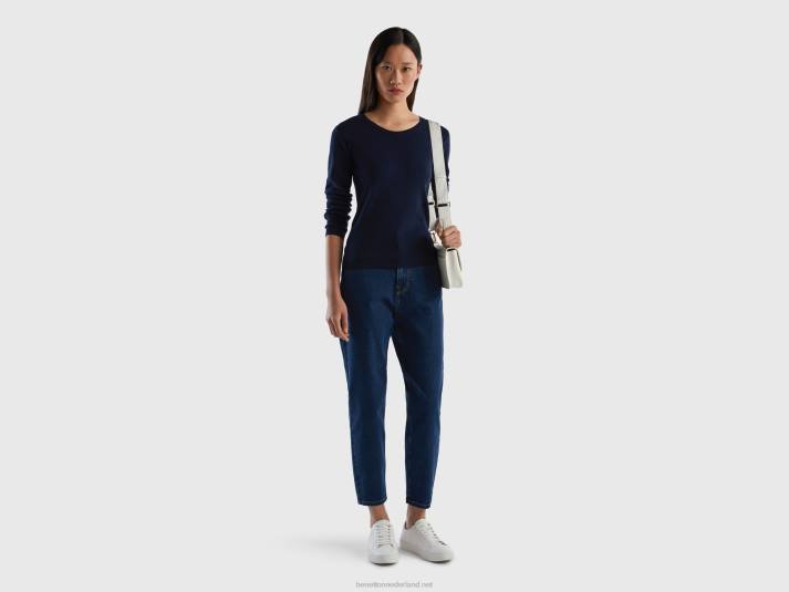 vrouwen Benetton trui met ronde hals van zuiver katoen donkerblauw 4R62202