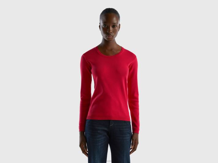 vrouwen Benetton trui met ronde hals van zuiver katoen fuchsia 4R623574