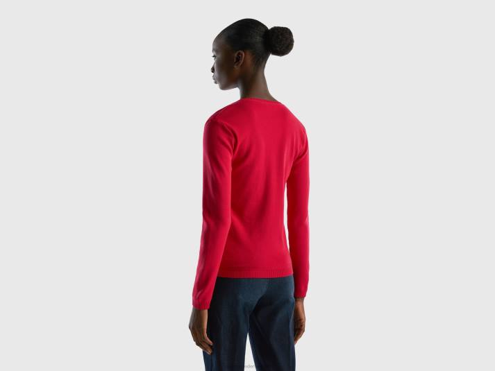 vrouwen Benetton trui met ronde hals van zuiver katoen fuchsia 4R6250