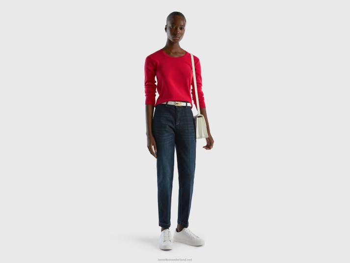 vrouwen Benetton trui met ronde hals van zuiver katoen fuchsia 4R6250