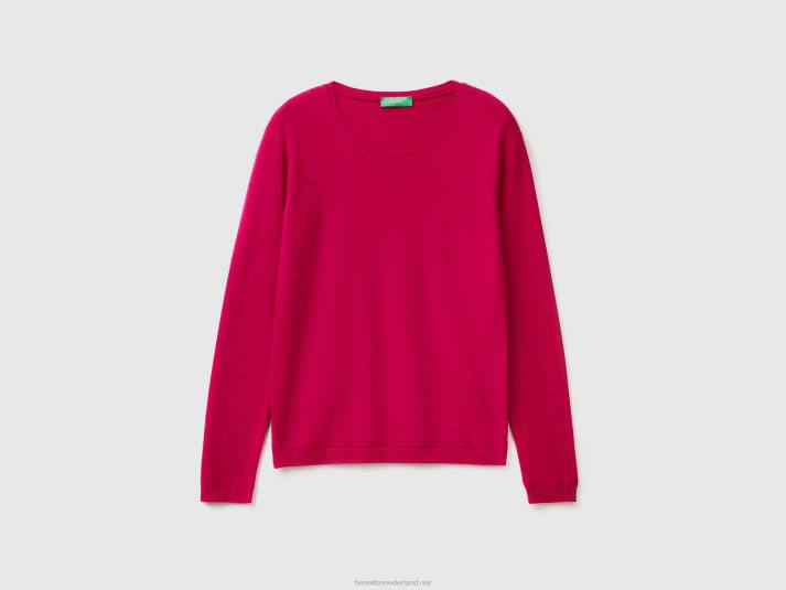 vrouwen Benetton trui met ronde hals van zuiver katoen fuchsia 4R6250