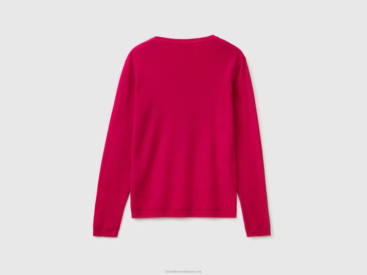 vrouwen Benetton trui met ronde hals van zuiver katoen fuchsia 4R6250