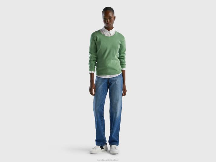 vrouwen Benetton trui met ronde hals van zuiver katoen groente 4R6277