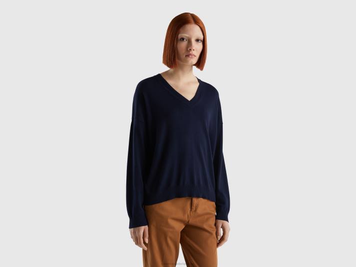vrouwen Benetton trui met v-hals donkerblauw 4R6223