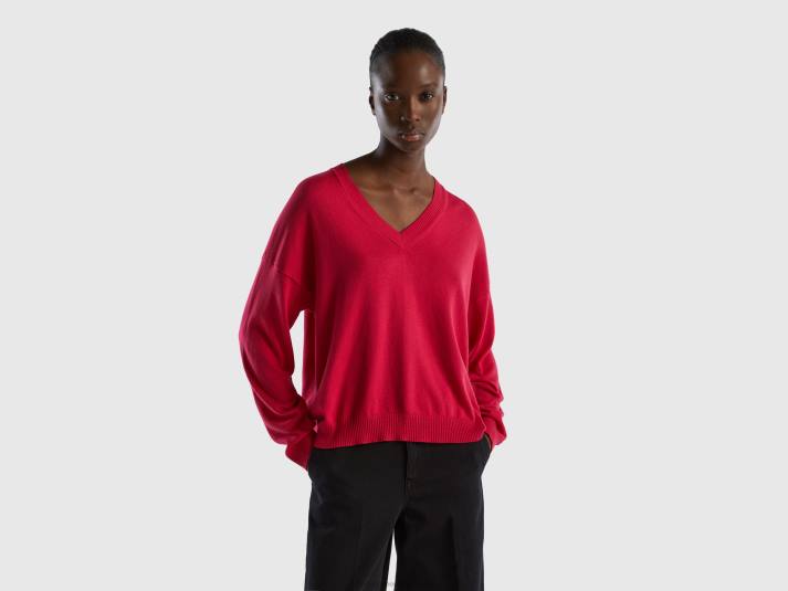 vrouwen Benetton trui met v-hals fuchsia 4R6214
