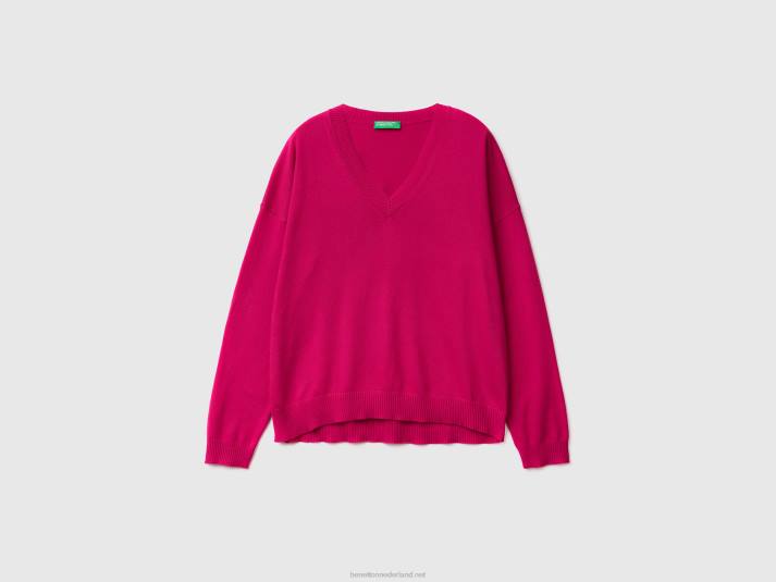 vrouwen Benetton trui met v-hals fuchsia 4R6214