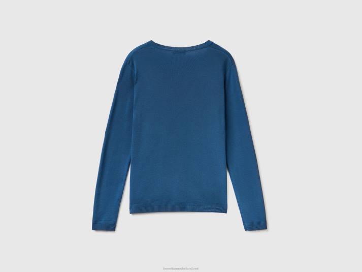 vrouwen Benetton trui met v-hals van zuiver katoen blauw 4R62235