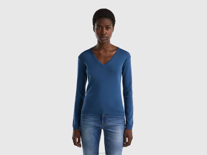 vrouwen Benetton trui met v-hals van zuiver katoen blauw 4R623681