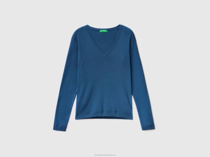 vrouwen Benetton trui met v-hals van zuiver katoen blauw 4R623681