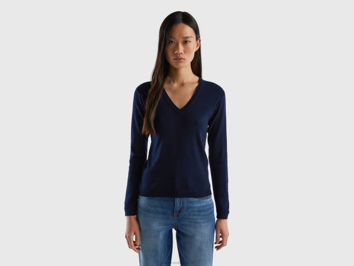 vrouwen Benetton trui met v-hals van zuiver katoen donkerblauw 4R62148