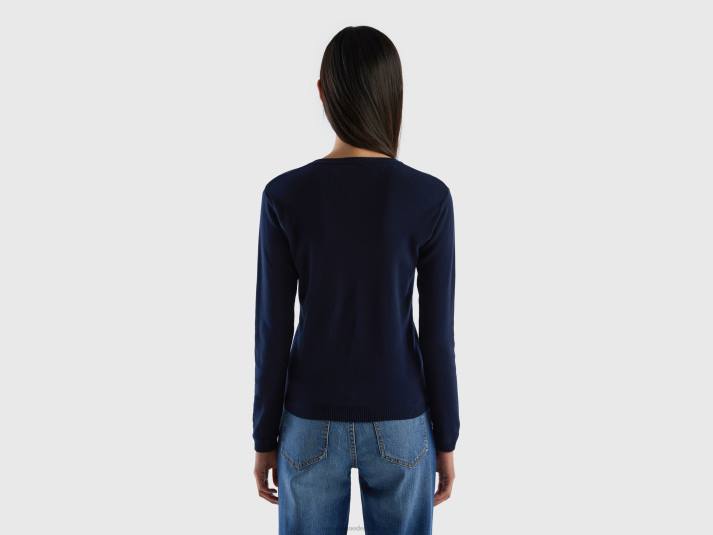 vrouwen Benetton trui met v-hals van zuiver katoen donkerblauw 4R62148