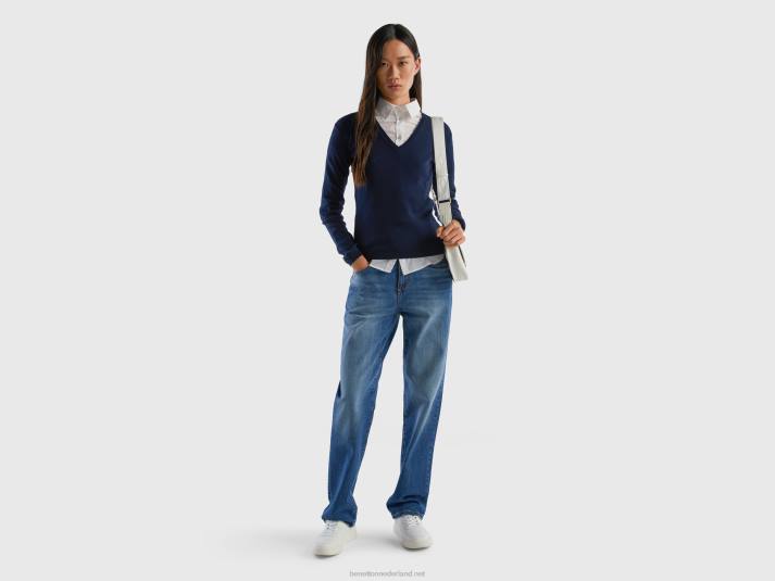 vrouwen Benetton trui met v-hals van zuiver katoen donkerblauw 4R62148