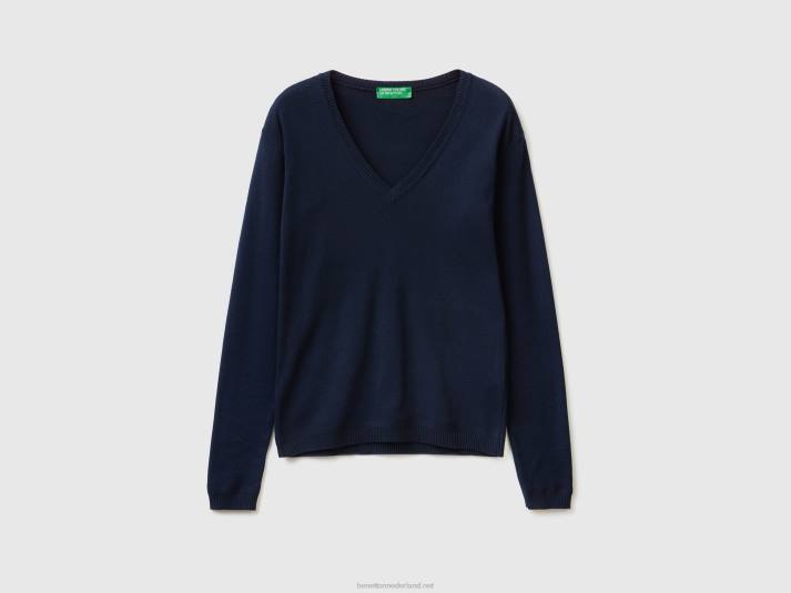 vrouwen Benetton trui met v-hals van zuiver katoen donkerblauw 4R62148