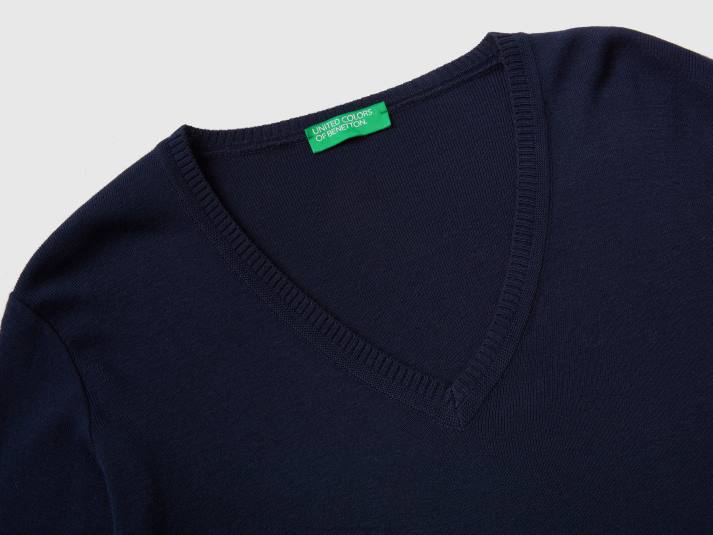 vrouwen Benetton trui met v-hals van zuiver katoen donkerblauw 4R62148