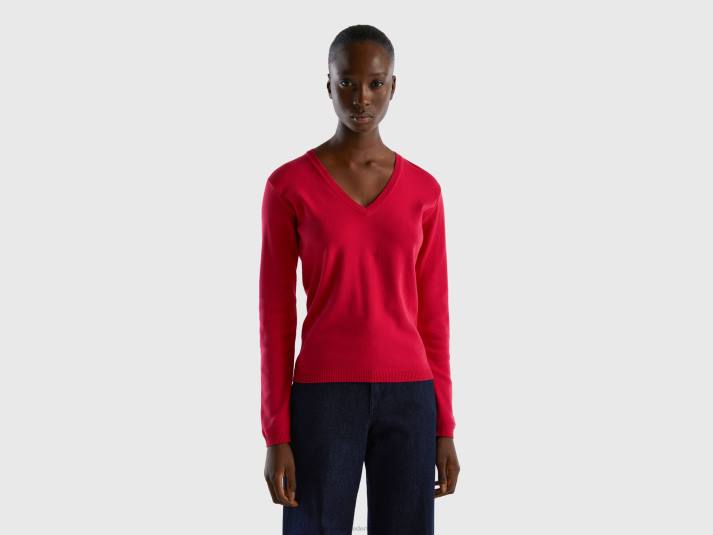 vrouwen Benetton trui met v-hals van zuiver katoen fuchsia 4R6231