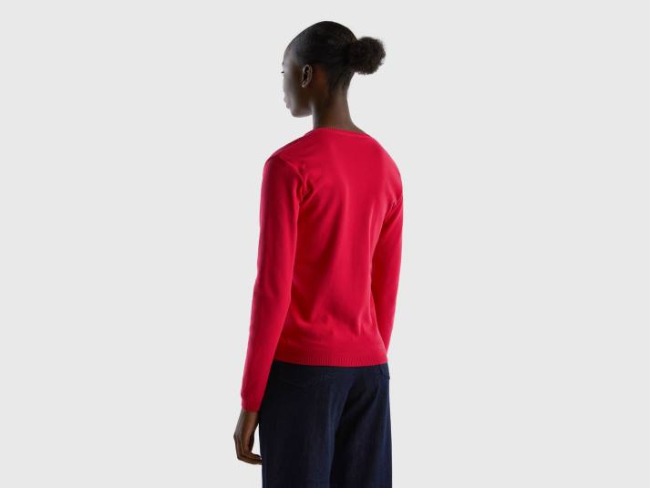 vrouwen Benetton trui met v-hals van zuiver katoen fuchsia 4R6231