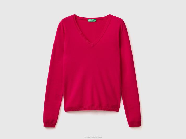 vrouwen Benetton trui met v-hals van zuiver katoen fuchsia 4R6231
