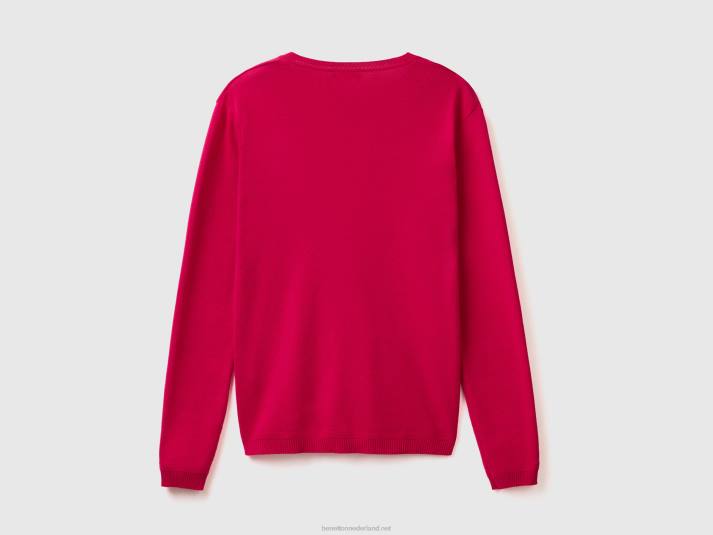 vrouwen Benetton trui met v-hals van zuiver katoen fuchsia 4R6231