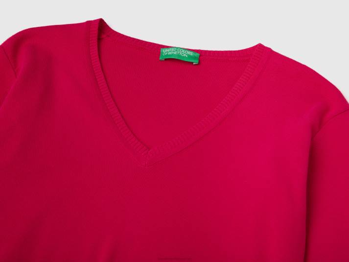 vrouwen Benetton trui met v-hals van zuiver katoen fuchsia 4R623525