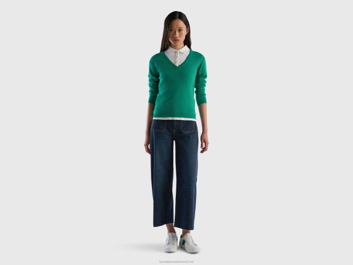 vrouwen Benetton trui met v-hals van zuiver katoen groente 4R62176
