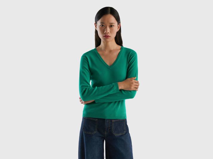 vrouwen Benetton trui met v-hals van zuiver katoen groente 4R623647