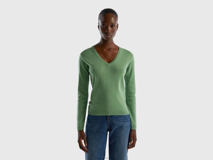 vrouwen Benetton trui met v-hals van zuiver katoen groente 4R6280