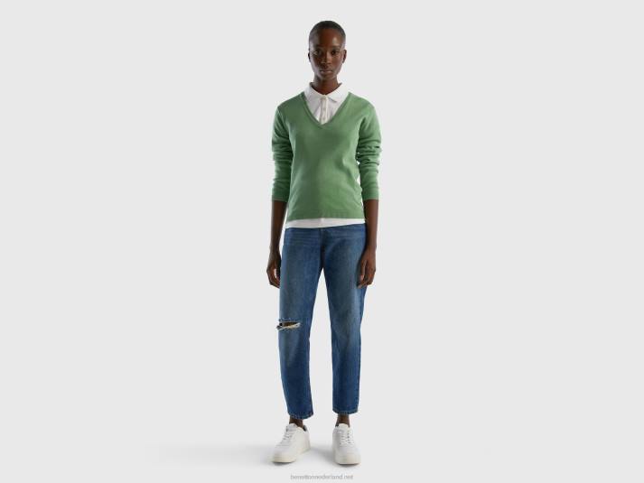 vrouwen Benetton trui met v-hals van zuiver katoen groente 4R6280