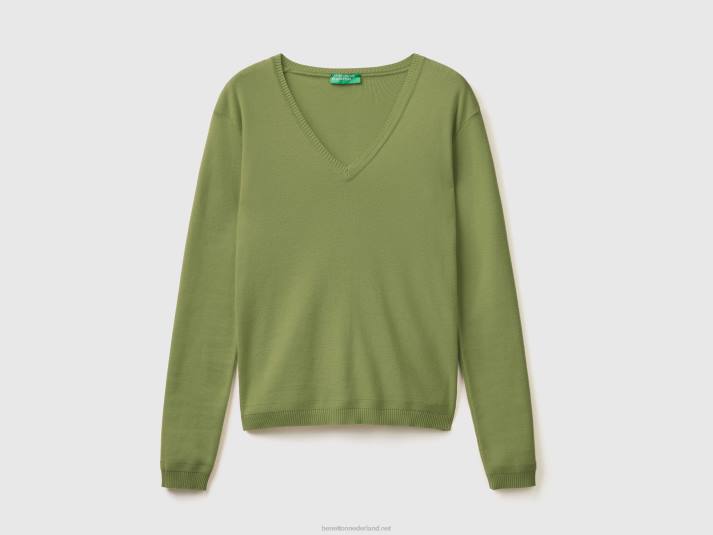 vrouwen Benetton trui met v-hals van zuiver katoen groente 4R6280