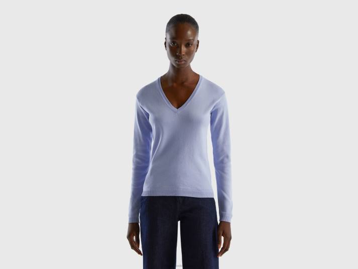 vrouwen Benetton trui met v-hals van zuiver katoen lavendel 4R6229
