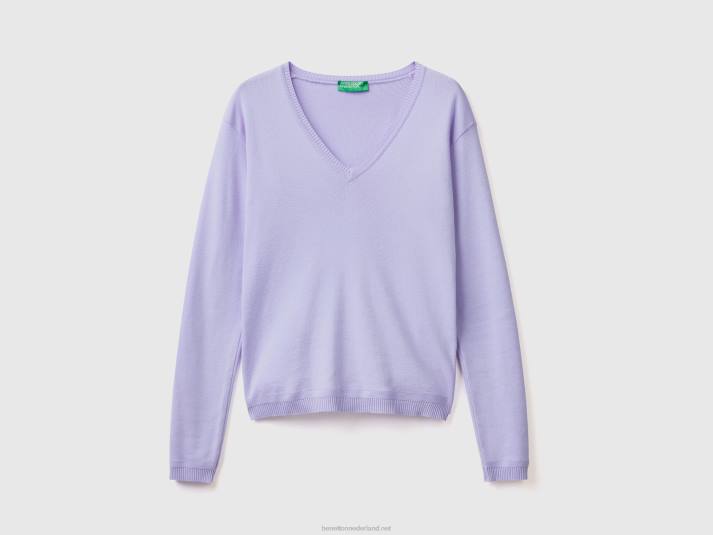 vrouwen Benetton trui met v-hals van zuiver katoen lavendel 4R6229