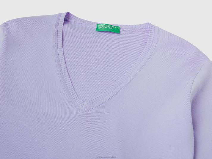 vrouwen Benetton trui met v-hals van zuiver katoen lavendel 4R6229