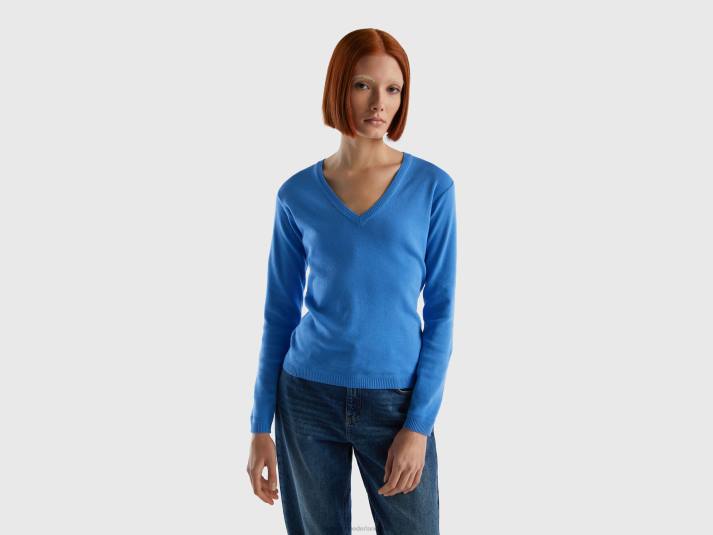 vrouwen Benetton trui met v-hals van zuiver katoen lichtblauw 4R6290
