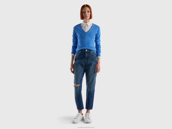 vrouwen Benetton trui met v-hals van zuiver katoen lichtblauw 4R6290
