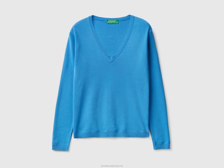 vrouwen Benetton trui met v-hals van zuiver katoen lichtblauw 4R6290