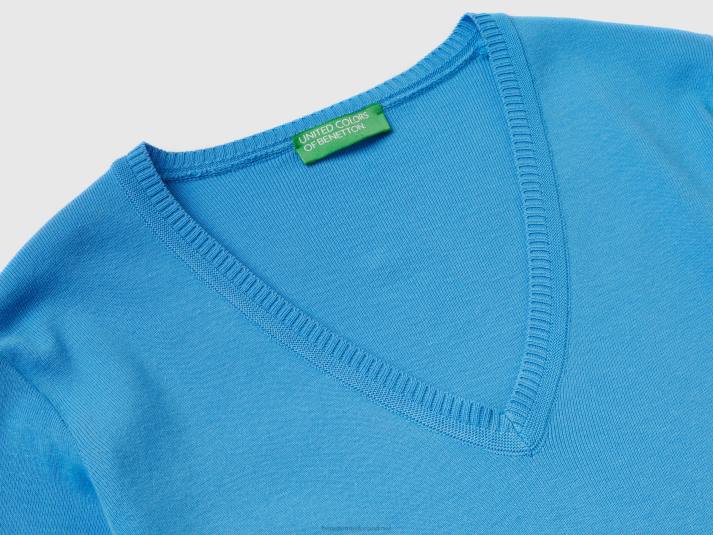 vrouwen Benetton trui met v-hals van zuiver katoen lichtblauw 4R6290