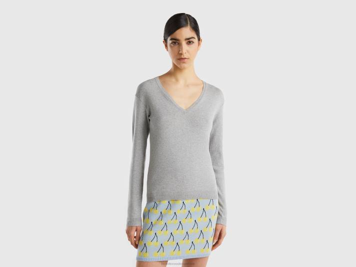 vrouwen Benetton trui met v-hals van zuiver katoen lichtgrijs 4R62206
